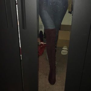 Maroon suede over the knee riding boots